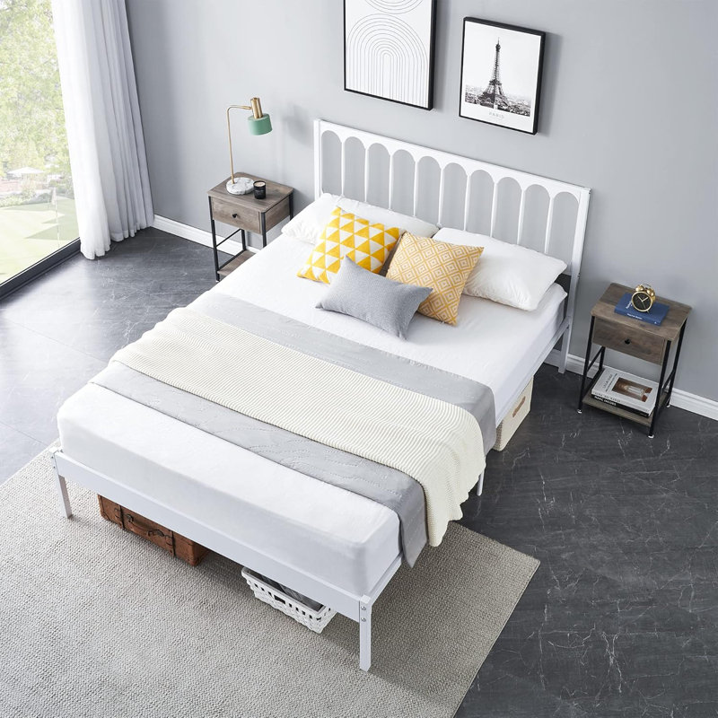 Bed Metal Platform Mattress Foundation With Headboard, Heavy Duty Steel Slat Support, White, Queen