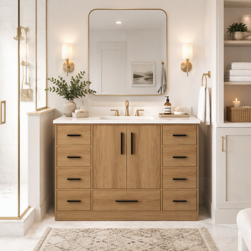 Meuble-lavabo de salle de bain avec rangement abondant, 2 portes à fermeture douce et 9 tiroirs pour une organisation élégante