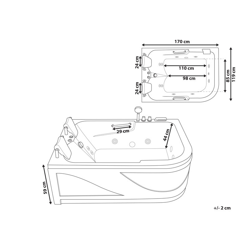 Kandace 1700mm x 119mm Corner Acrylic Bathtub with Tap, Black