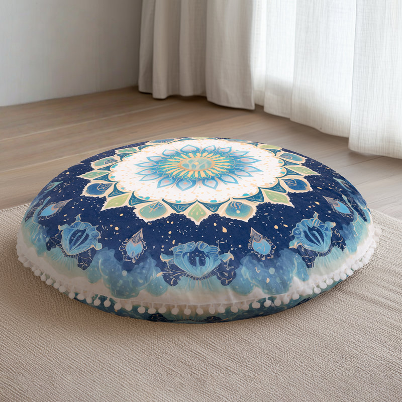 Coussin de méditation 32 po, grand coussin de sol rond, coussins de yoga pour s'asseoir sur le sol, Bleu, vert et beige