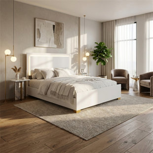 Cadre grand lit, lit plateforme avec DEL, lit à cadre en bois, boîte à ressorts non requise, style rétro