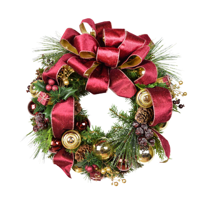 Festive Red and Gold Holiday Wreath with Berries, Ornaments and Pinecones, Green/Gold/Burgundy