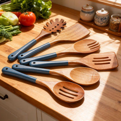 6-Piece Acacia Wooden Utensil Set For Cooking, Non-Scratch Natural Wooden Spoons And Spatulas With Hanging Holes For Non-Stick Cookware