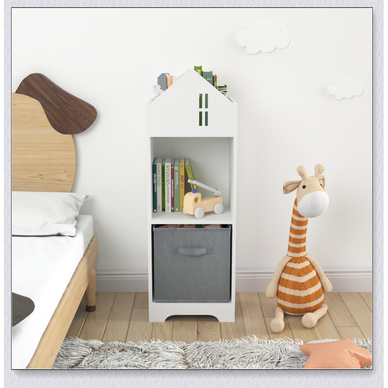 Kids Dollhouse Bookcase with Storage, 2-Tier Storage Display Organizer, Toddler Bookshelf with Collapsible Fabric Drawers for Bedroom or Playroom