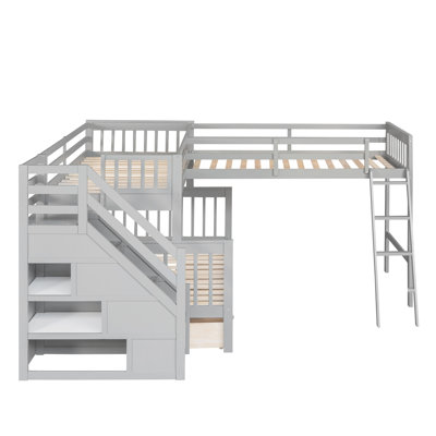 Twin Over Full L-Shaped Bunk Bed, Gray. 3 Drawers For Efficiency. Solid Wood Construction. Guardrail . 118.3X96.8X61.2. Assembly Required Bed In Gray Color. Storage Needs. Wood. Safe Guardrail.