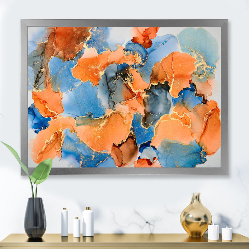«Blue and Brown Luxury Abstract Fluid VII», peinture sur toile, H 12 po x l 20 po x P 1 po, Cadre photo argenté