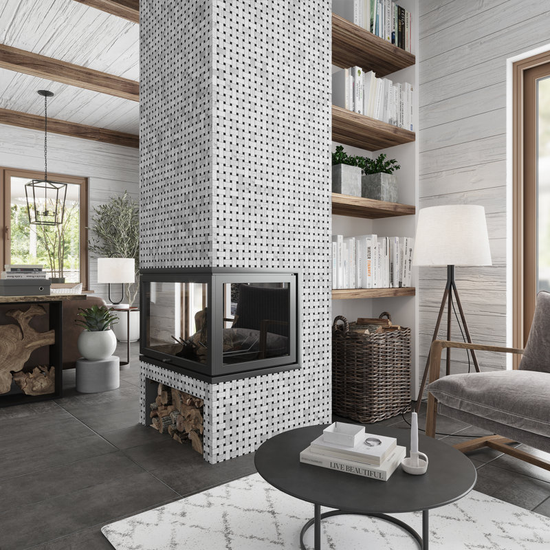 12 x 12 Bianco Carrara, Eastern Black Basketweave Marble Mosaic Tile