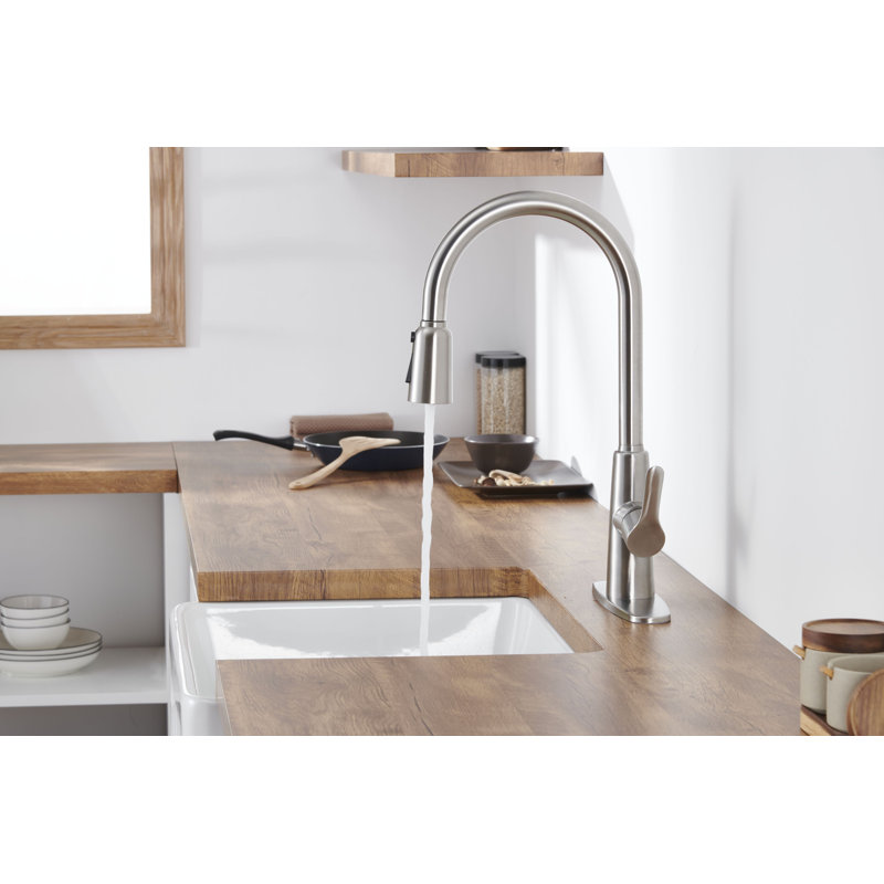 Brushed Nickel Stainless Steel High Arc Kitchen Sink Faucet With Pull Out Sprayer And Deck Plate | Gift Idea