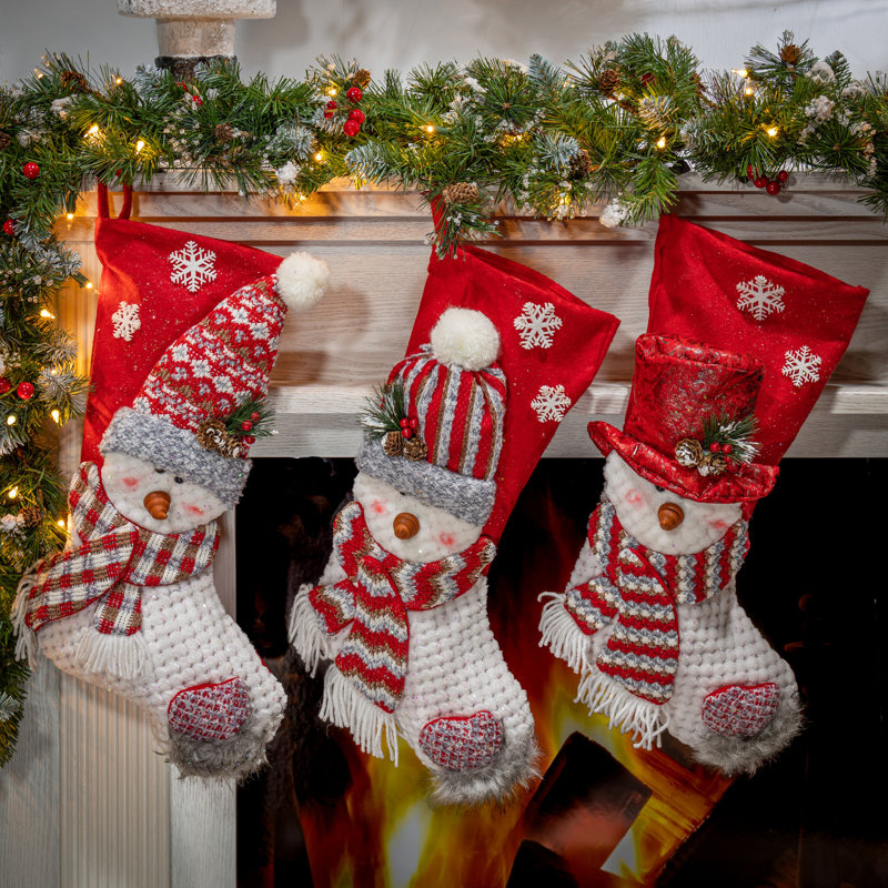 Ensemble de 3 bas de Noël décoratifs bonhomme de neige
