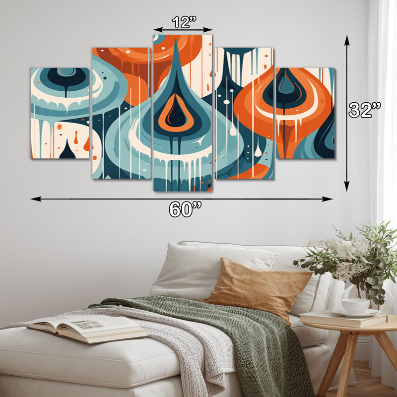 «Orange Blue Midcentury Balance III», reproduction d'art sur toile à formes abstraites - 5 panneaux