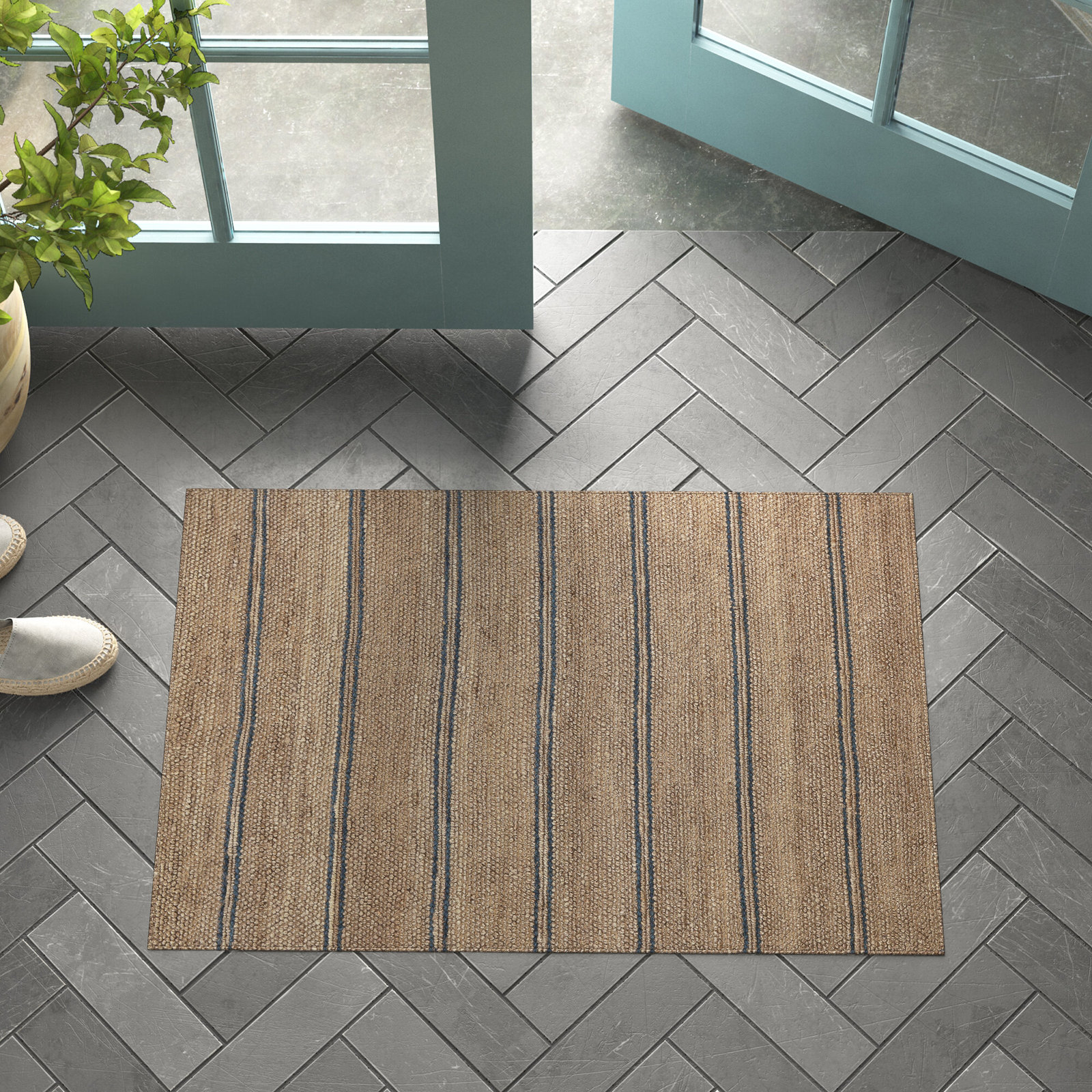 Beamond Brown Blue Hand-Woven Striped Jute Rug, Rectangle 2' x 3'