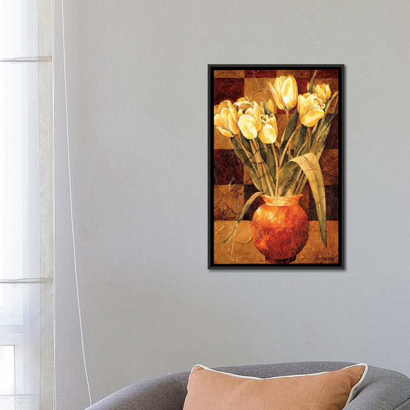 « checked tulipes i », impression sur toile, H 26 po x l 18 po x P 1,5 po, Toile avec cadre noir, Pas de tapis