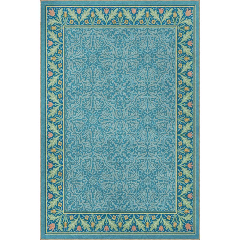 Blue Framed Pastel Painted Decorative Washable Carpet, Runner 2'6" x 9'11"