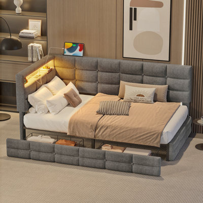 Upholstered Daybed with Charging Station LED Lights and Storage Drawers for Modern Comfort and Convenience