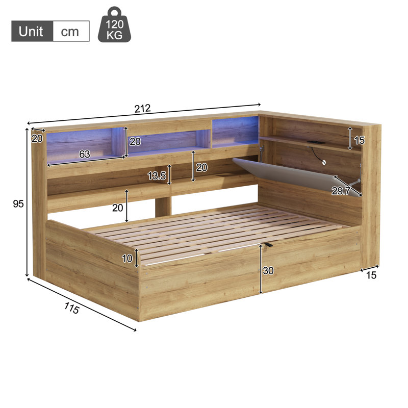 Natural Wooden Daybed with Hydraulic Storage USB Charging and LED Lighting, Single