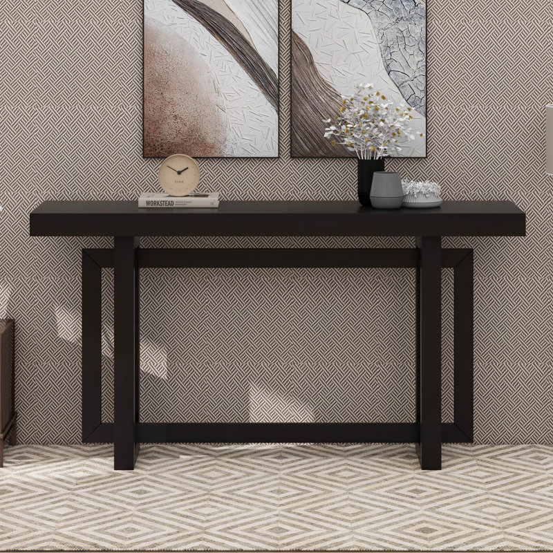 59.1-Inch Console Table With Pine Veneer, Triple Rectangle Design Entryway Table, Solid Wood Legs, Versatile Sofa Table
