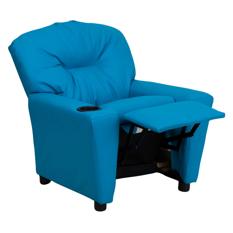 Contemporary Kids Recliner with Cup Holder, Vinyl - Turquoise