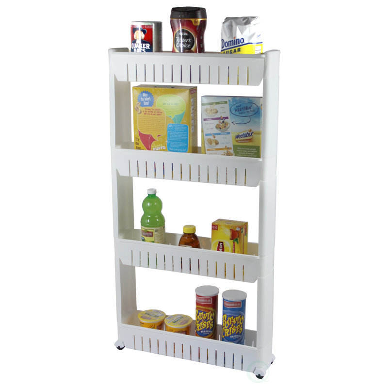 Chariot de rangement Basic Basic Slim - Armoire de rangement à 4 niveaux avec tablettes réglables, roulettes, autoportantes, se glisse entre le réfrigérateur et le comptoir, pour la cuisine, la salle de bain, la buanderie, l 4,75 po x H 40,2 po, blanc