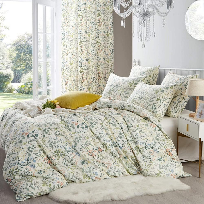 Nayoroom Boho Floral Duvet Cover Green Botanical Bedding Set with Colourful Flower Print Pattern Soft Microfiber Comforter Cover
