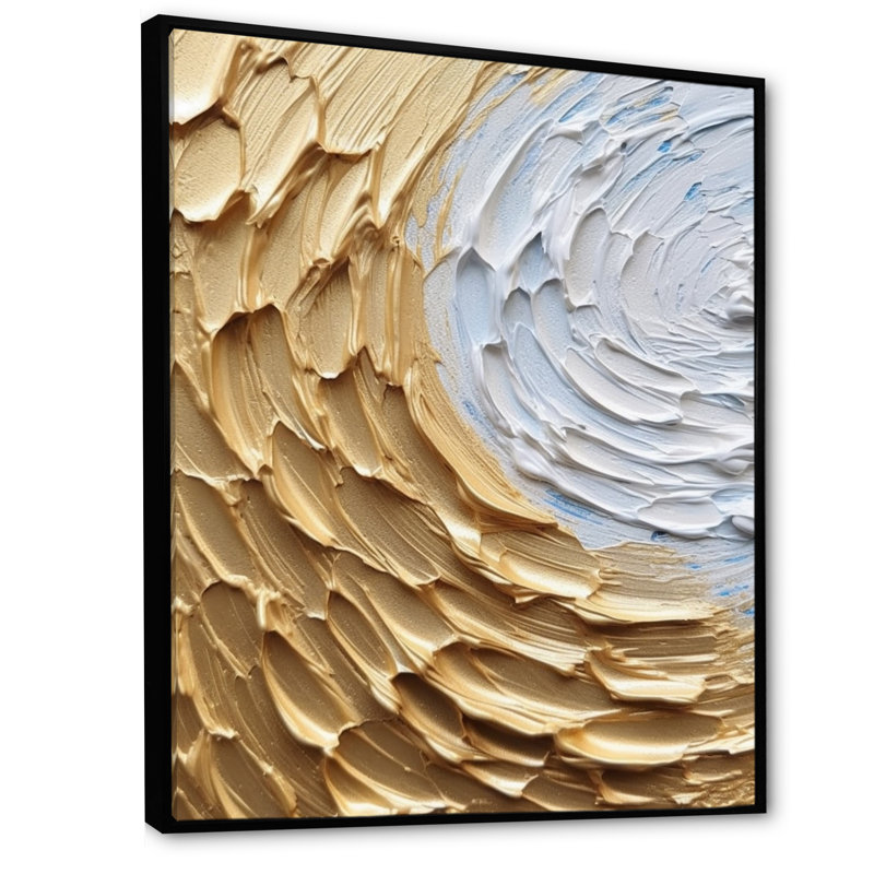 «Gold Cream Infinite Swirls III - Abstract Spirals», art mural sur toile, Cadre flottant noir, H 32 po x l 16 po x P 1 po