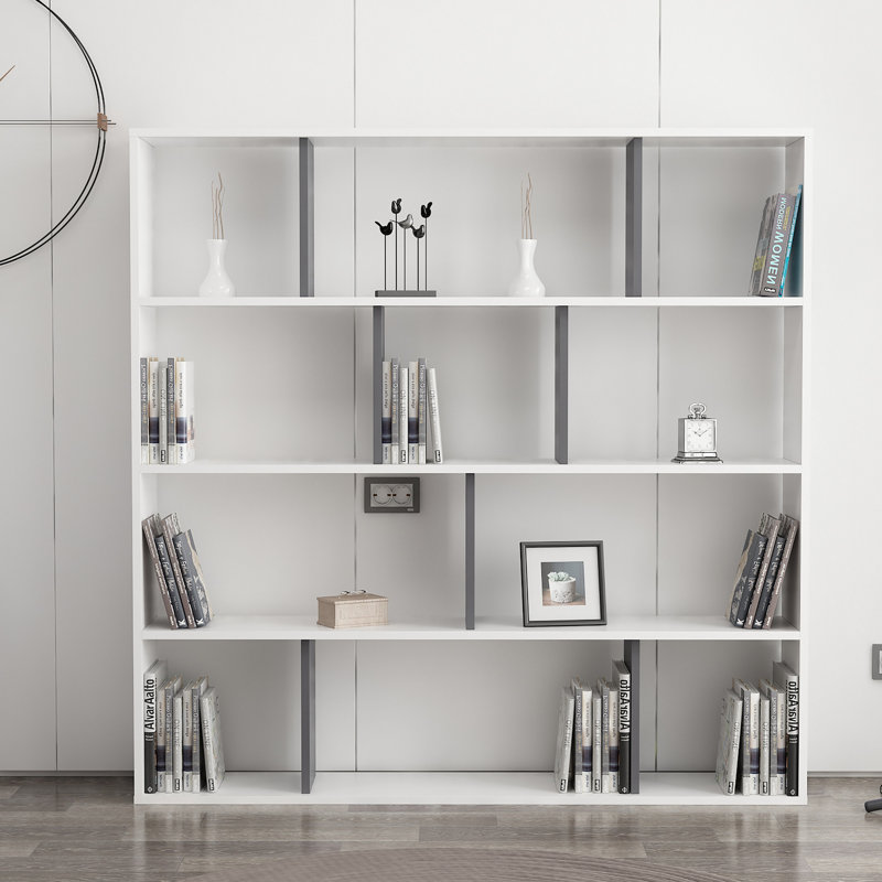Modern White w/ Anthracite Bookshelf, 57.1 x 9.8 x 57.1 inches | 100% Melamine Coated Particle Board, Thickness: 0.7 inches | Numerous Shelves, Wall-Mountable Design | Stylish Scandinavian Furniture for Home w/ Office