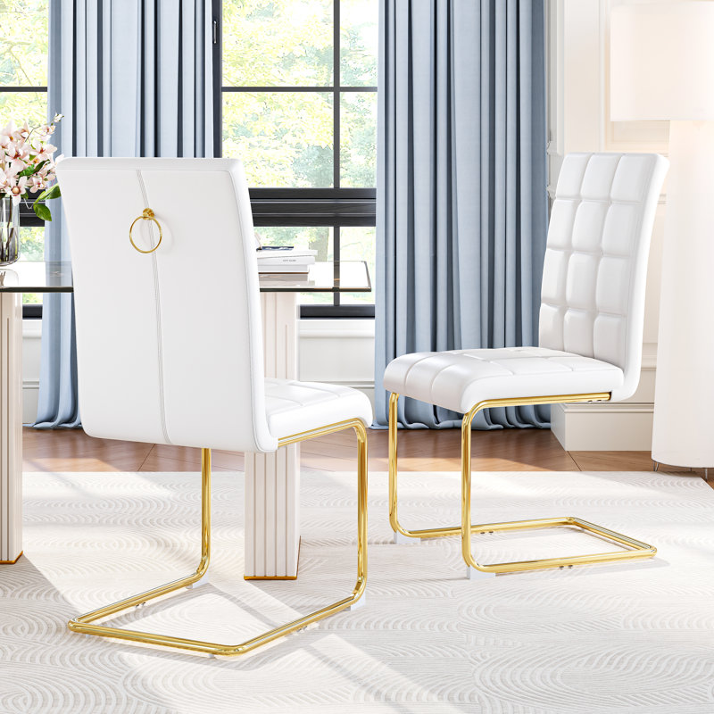 Modern Premium Faux Leather Conference Chairs With C-shaped Tube Metal Legs And High Back, 6, Gold, White
