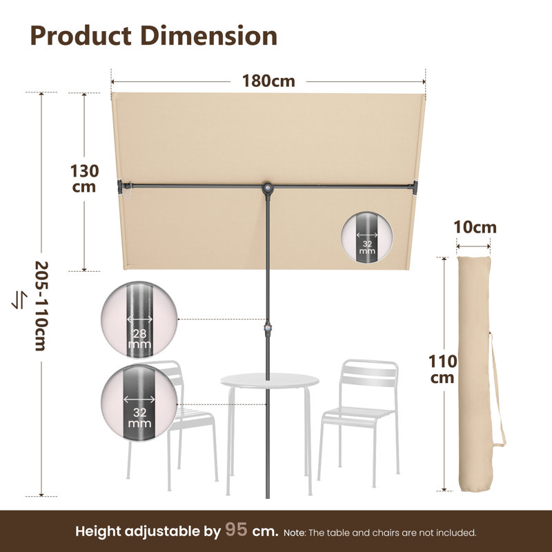 180cm X 130cm Rectangular Balcony Parasol, Beige