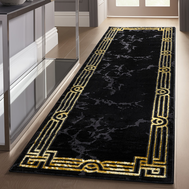 Tapis à motif abstrait doré et doré Fairmont Marble, Tapis de couloir 2 pi 7 po x 9 pi 10 po