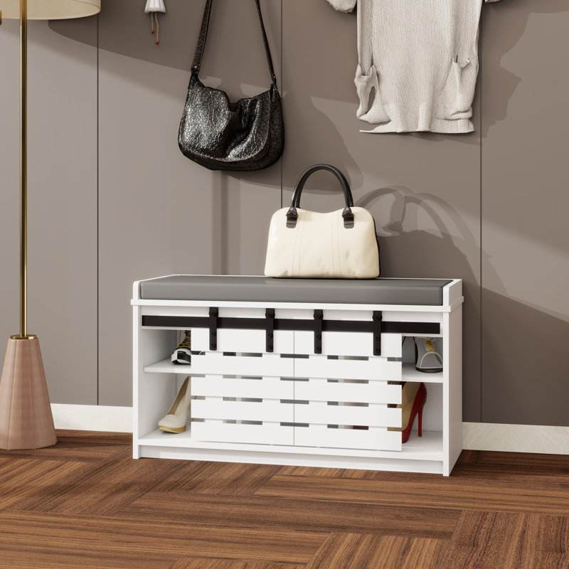 Double Door Shoe Storage Bench with Cushion 2-Tier Entryway Organizer with Sliding Barn Doors