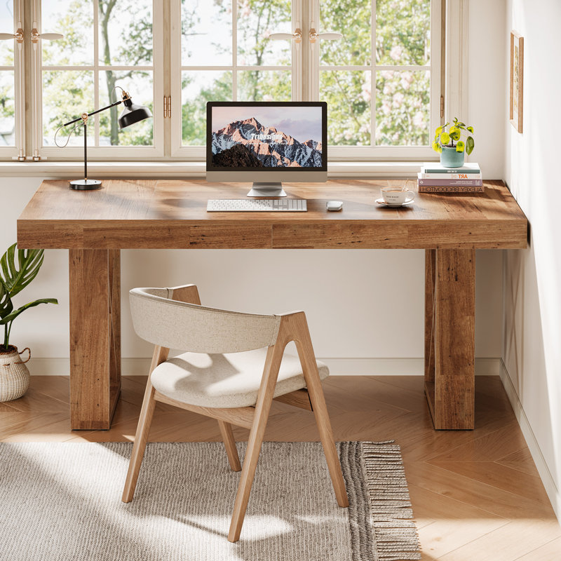 63'' Farmhouse Computer Desk with Thick Wood Top for Home Office, Oak