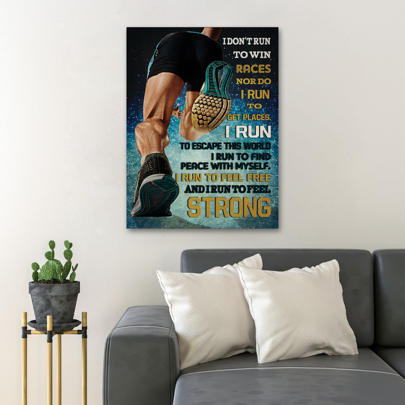 «Run Man - I Don't Run To Win Races», toile tendue avec châssis - Illustration de course, décor de salon bleu