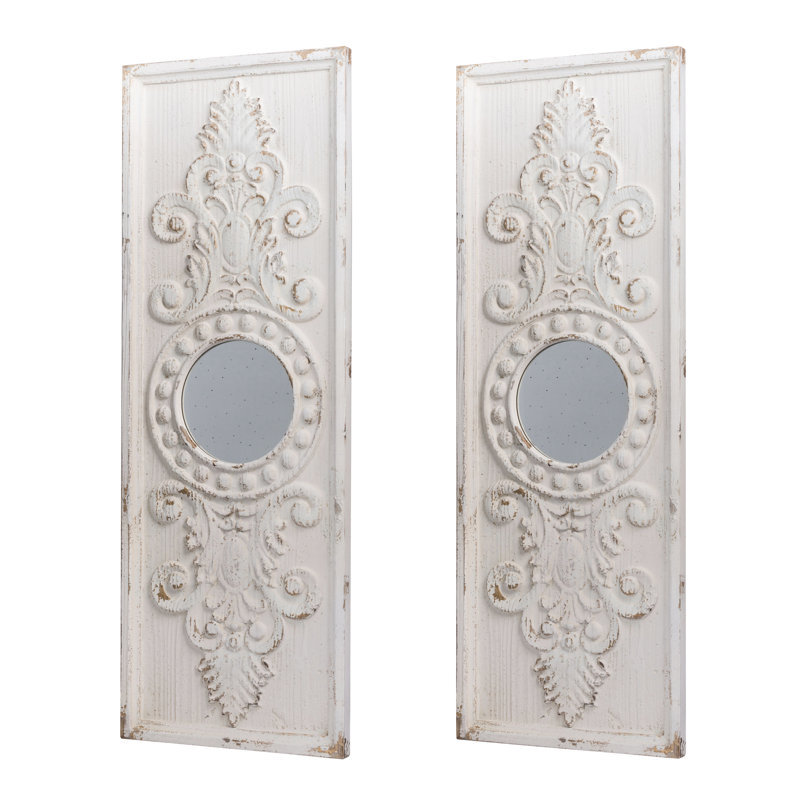 2 grands panneaux muraux en bois de 17 po x 48 po, blanc vieilli et miroir