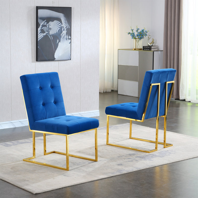 Chaise moderne en velours capitonnée, Bleu