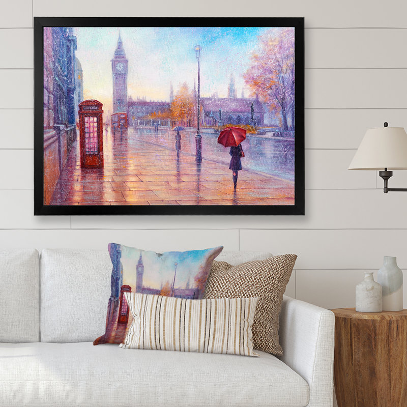 Big Ben et une femme au parasol rouge à Londres - peinture sur toile, H 12 po x l 20 po x p 1 po, Cadre photo noir