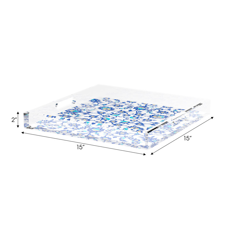 Bosphorus Acrylic Square Decorative Tray, Blue White, 15"W x 15"D x 2"H