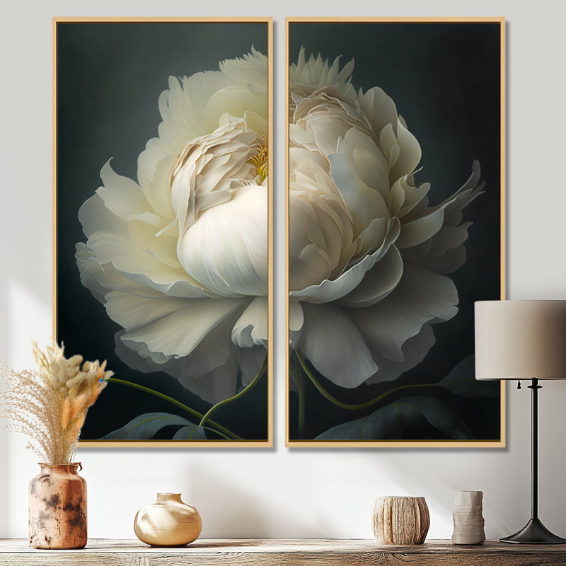 Pivoine blanche sur fond noir I - art mural moderne sur toile, H 20 po x l 24 po, Impression encadrée flottante, Crème, crème
