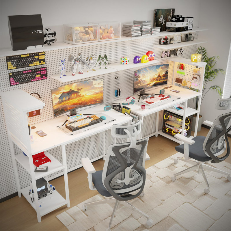Metal Base Computer Desk with Power Outlet, White