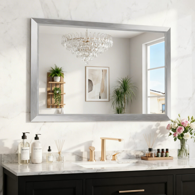 Miroir de salle de bain en verre trempé épais de haute qualité, 48 po x 32 po, Argent argent
