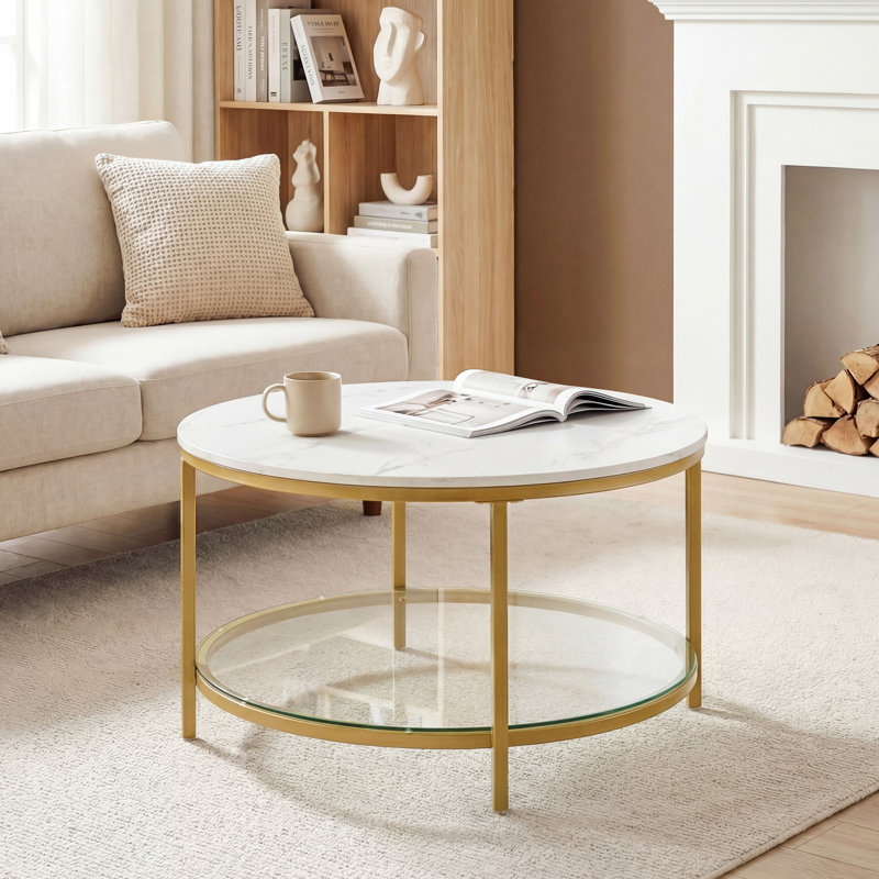 Marble Round Coffee Table with Glass for Living Room, 2-Tier Circle Coffee Table with Storage Clear Coffee Table, Gold