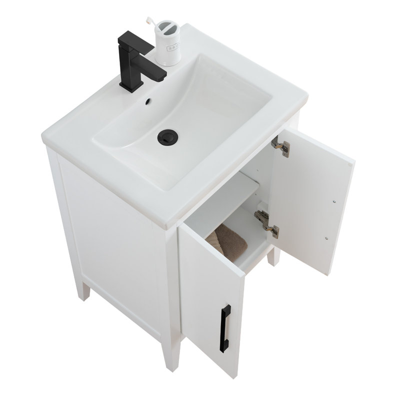 Meuble-lavabo simple 24 po avec plateau en céramique Chambery, Blanc, Noir mat, H 34,25 po x l 24,4 po x P 18,5 po