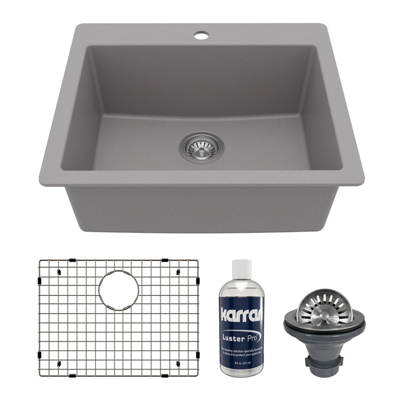 Karran Quartz 25'' X 22'' Single Bowl Drop-in Kitchen Sink Kit, Gray