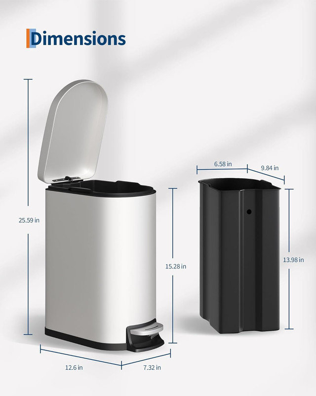 Poubelle de salle de bain en métal 2,6 gallons avec couvercle, poubelle à pédale mince avec fermeture en douceur et seau intérieur