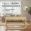Console rectangulaire, avec des pieds courbés et une finition laquée, avec 3 tiroirs à fermeture en douceur et 2 tablettes ouvertes, style Mid-Century moderne, finition en bois naturel-929825585