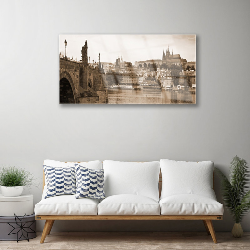 Glass Print Wall Art 100X50cm Image Printed On Glass Decorative Wall Picture Behind Toughened / Tempered Safety Real Glass For Kitchen & Living Room Theme: Prague Bridge Landscape
