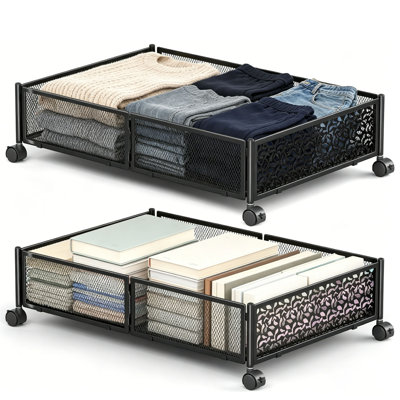 Under Bed Storage Containers with Wheels, 2 Pack Metal Underbed Storage Drawer with 360° Rotating Locking Wheels, Tool-Free 1-Min Assembly, Foldable Shoe Clothes Blanket Organizer for Bedroom