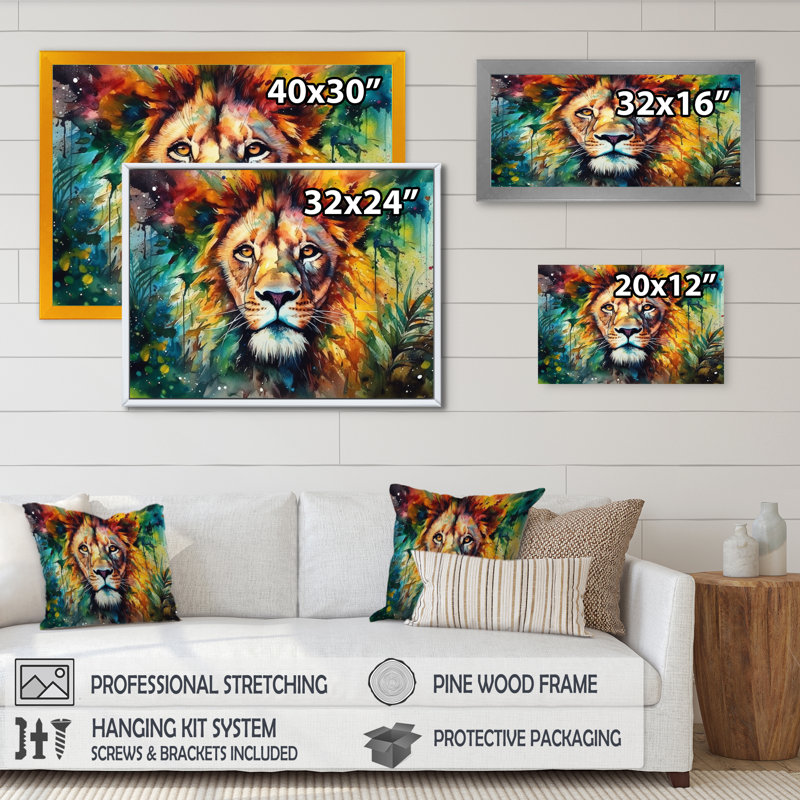 Portrait de lion coloré I - décoration murale lion, Cadre simple noir, H 34 po x l 44 po x P 1,5 po