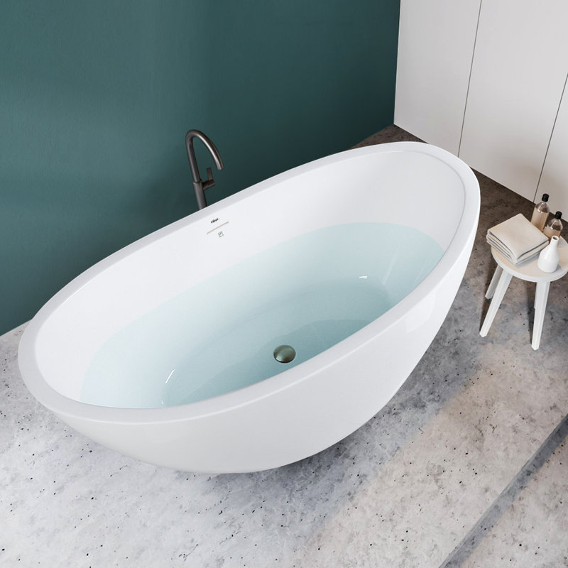 Naha 59" White Acrylic Freestanding Soaking Bathtub with Brushed Nickel Drain