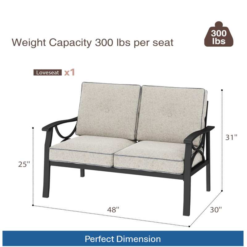 48" All-Weather Metal Loveseat 2 Seats Couch Sofa With Beige Cushions With Khaki Frame, Beige, Gray