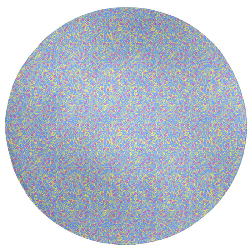 Tapis bleu clair/jaune/rouge à motif floral, Rond 5 pi