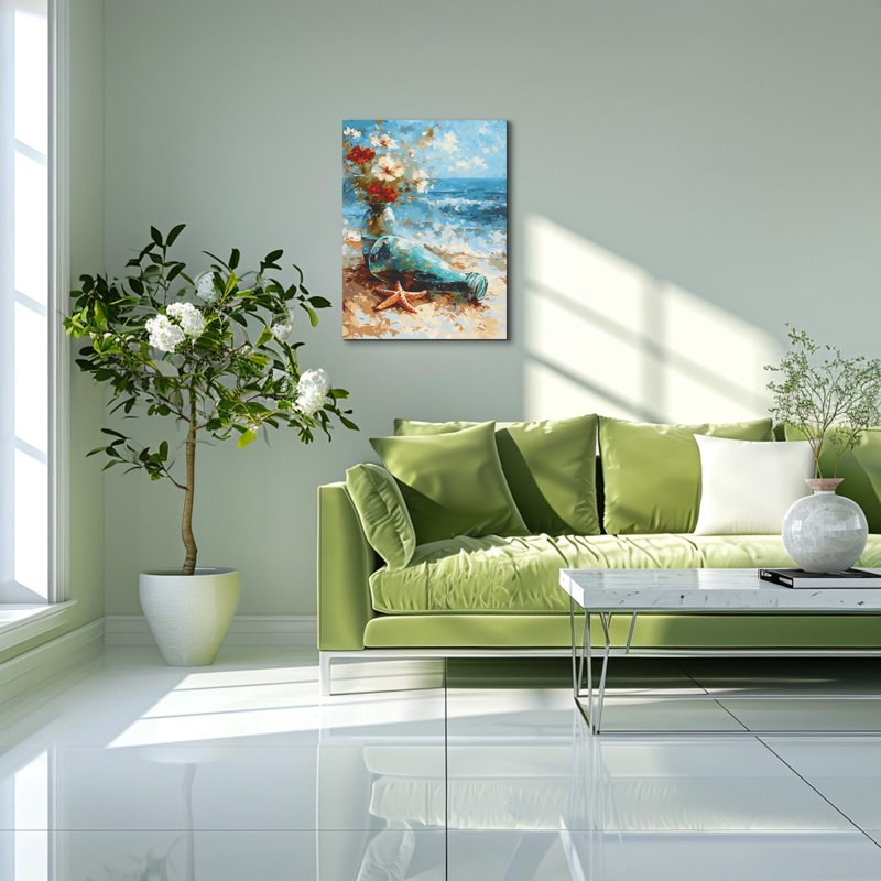 «Coastal Beach Still Life with Glass Bottles, Flowers and Starfish», art mural sur toile tendue, 40" H x 28" W